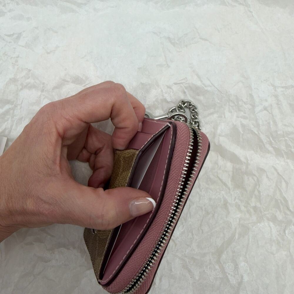 New with tags Coach Pink and Brown Card Holder coin purse with Chain Attachment - Picture 3 of 10